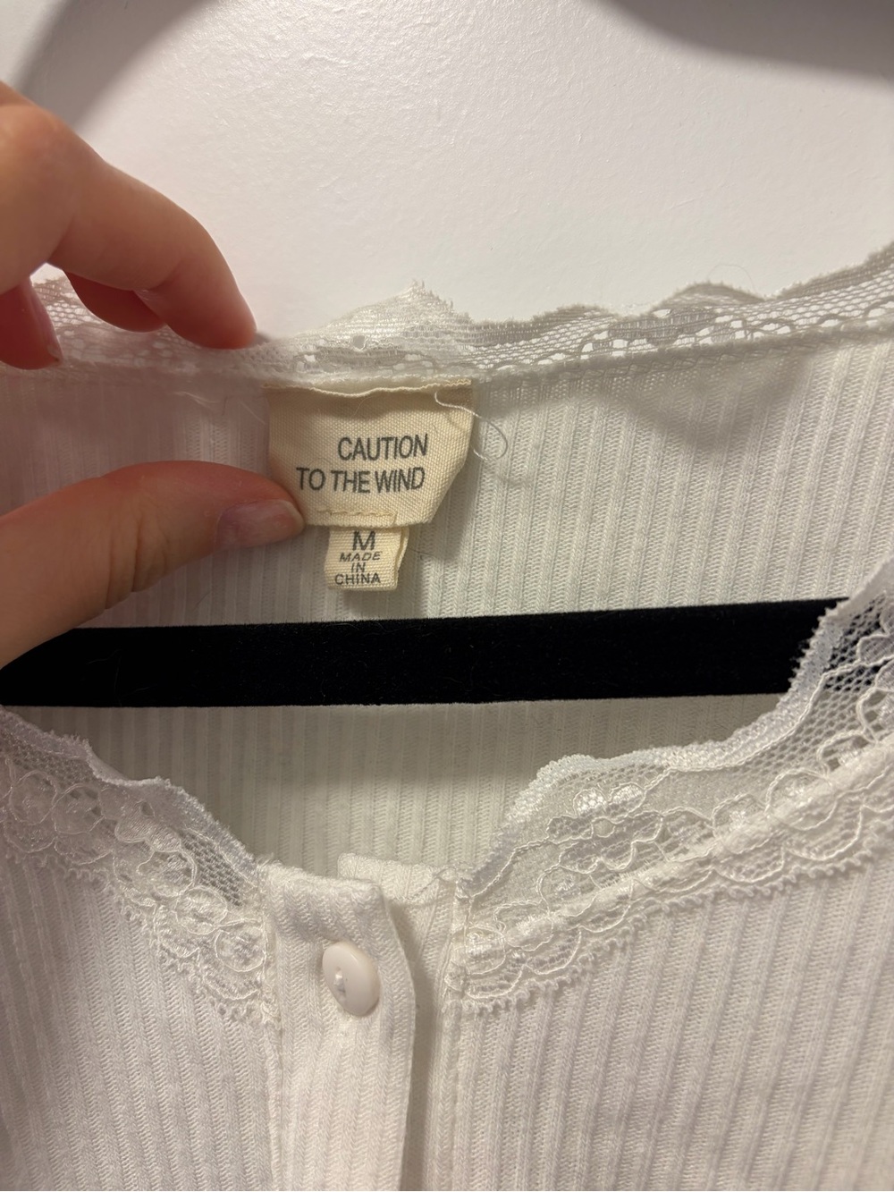 Caution To The Wind Cream Ribbed Lace-Trim Button Front Crop Top - Picture 2 of 3